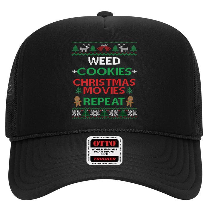 Weed And Cannabis Ugly Christmas Pajama Funny High Crown Mesh Back Trucker Hat