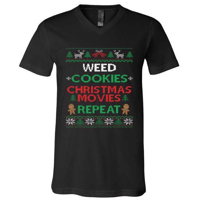 Weed And Cannabis Ugly Christmas Pajama Funny V-Neck T-Shirt