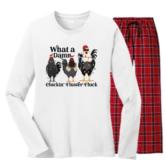 What A Damn Cluckin Fluster Fluck Christmas Chicken Women's Long Sleeve Flannel Pajama Set 