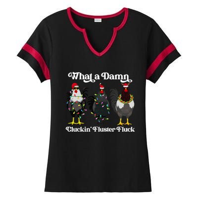 What A Damn Cluckin Fluster Fluck Funny Christmas Chicken Ladies Halftime Notch Neck Tee