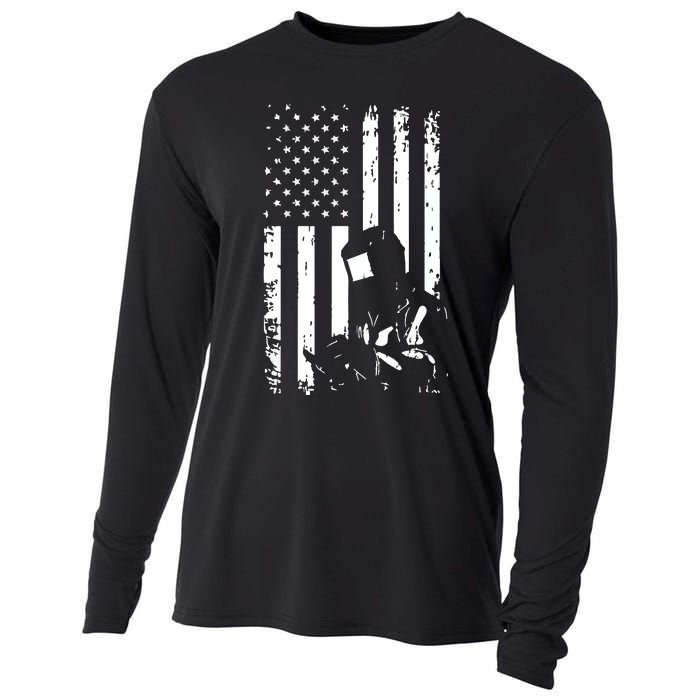 Welder American Flag Welding Gift Usa Distressed Helmet Cooling Performance Long Sleeve Crew