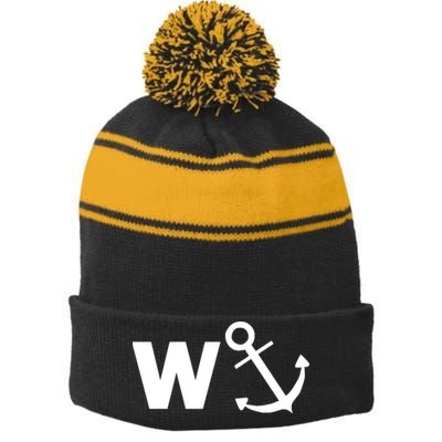 W Anchor Funny Pub Joke Stripe Pom Pom Beanie