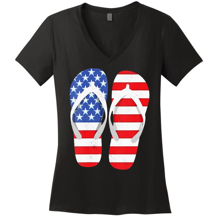 Womens American Flag Flip Flops Comfortable Slippers Flip Flops Women's V-Neck T-Shirt