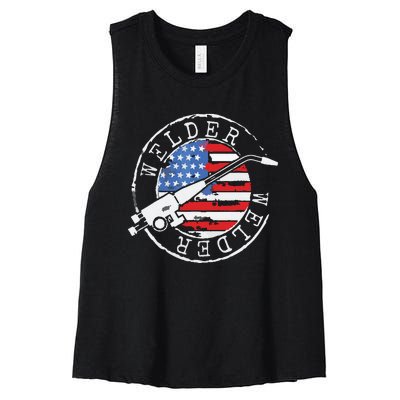 Welder American Flag Welding Gift Usa Patriotic Retro Helmet Women's Racerback Cropped Tank