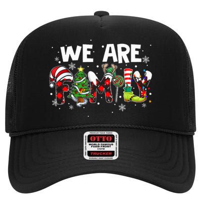 We Are Family Christmas Pajamas Funny Matching Family Xmas High Crown Mesh Back Trucker Hat