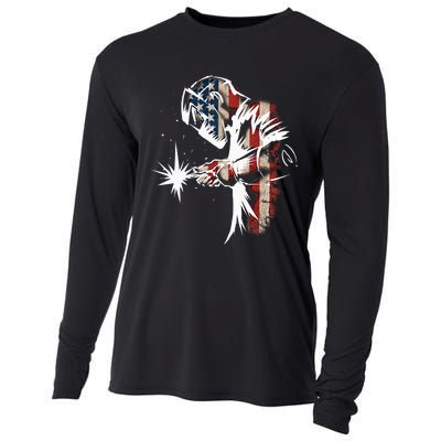 Welder American Flag USA Patriotic Welder Gift Cooling Performance Long Sleeve Crew