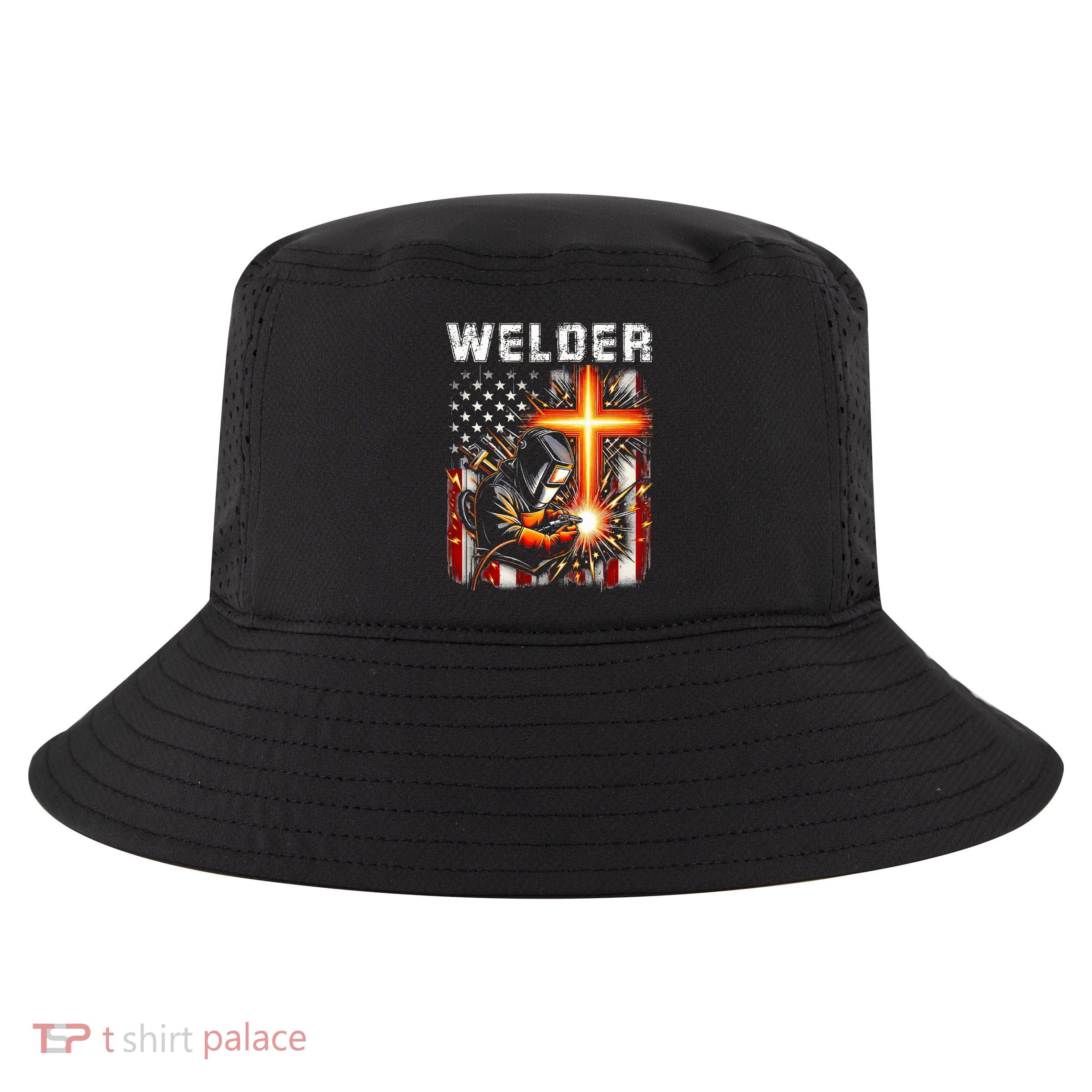 Welder American Flag Welding Faith Cross Christian Religious Cool Comfort Performance Bucket Hat