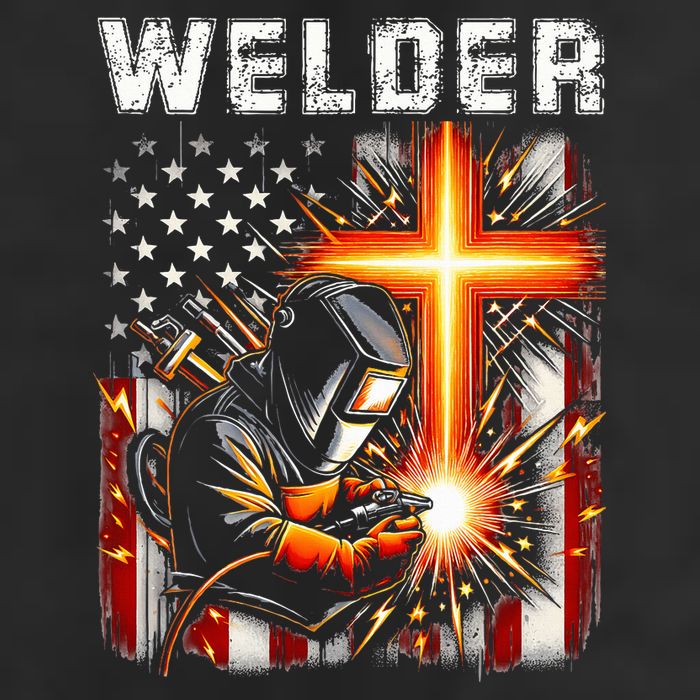 Welder American Flag Welding Faith Cross Christian Religious 7 Panel Mesh Trucker Snapback Hat