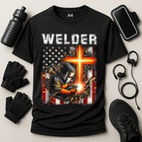 Welder American Flag Welding Faith Cross Christian Religious Cooling Performance Crew T-Shirt