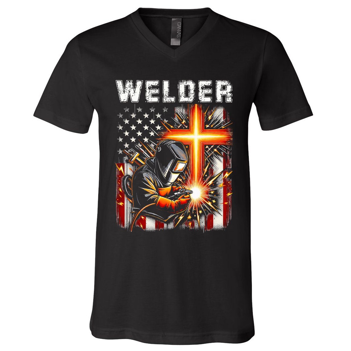 Welder American Flag Welding Faith Cross Christian Religious V-Neck T-Shirt