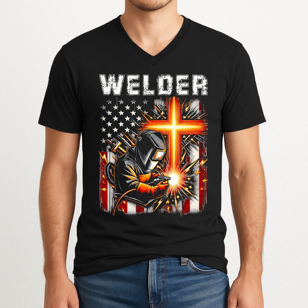 Welder American Flag Welding Faith Cross Christian Religious V-Neck T-Shirt