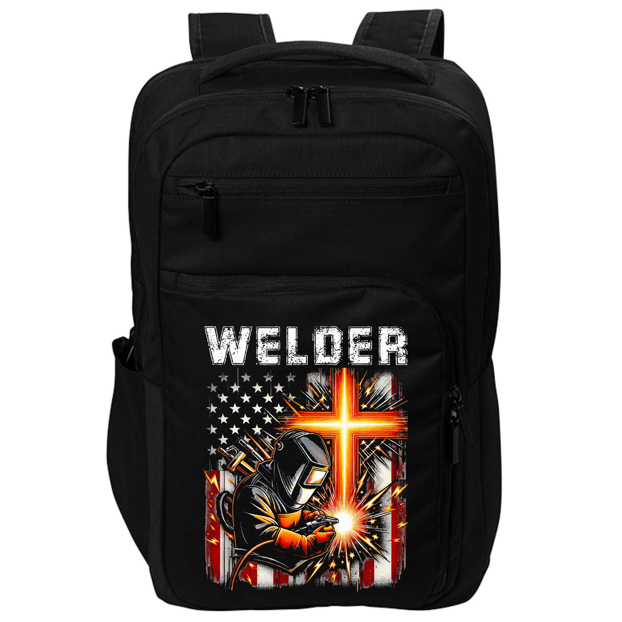 Welder American Flag Welding Faith Cross Christian Religious Impact Tech Backpack