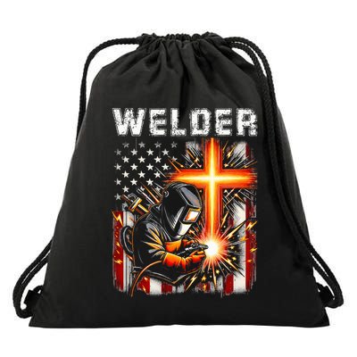 Welder American Flag Welding Faith Cross Christian Religious Drawstring Bag