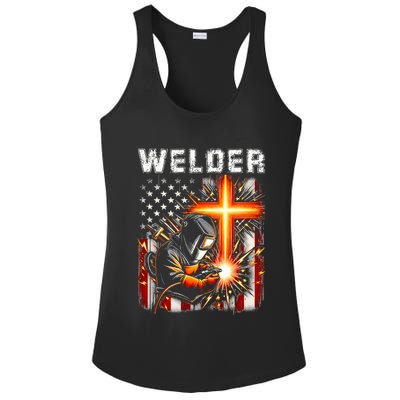 Welder American Flag Welding Faith Cross Christian Religious Ladies PosiCharge Competitor Racerback Tank