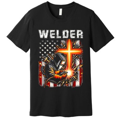 Welder American Flag Welding Faith Cross Christian Religious Premium T-Shirt