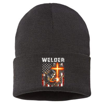 Welder American Flag Welding Faith Cross Christian Religious Sustainable Knit Beanie