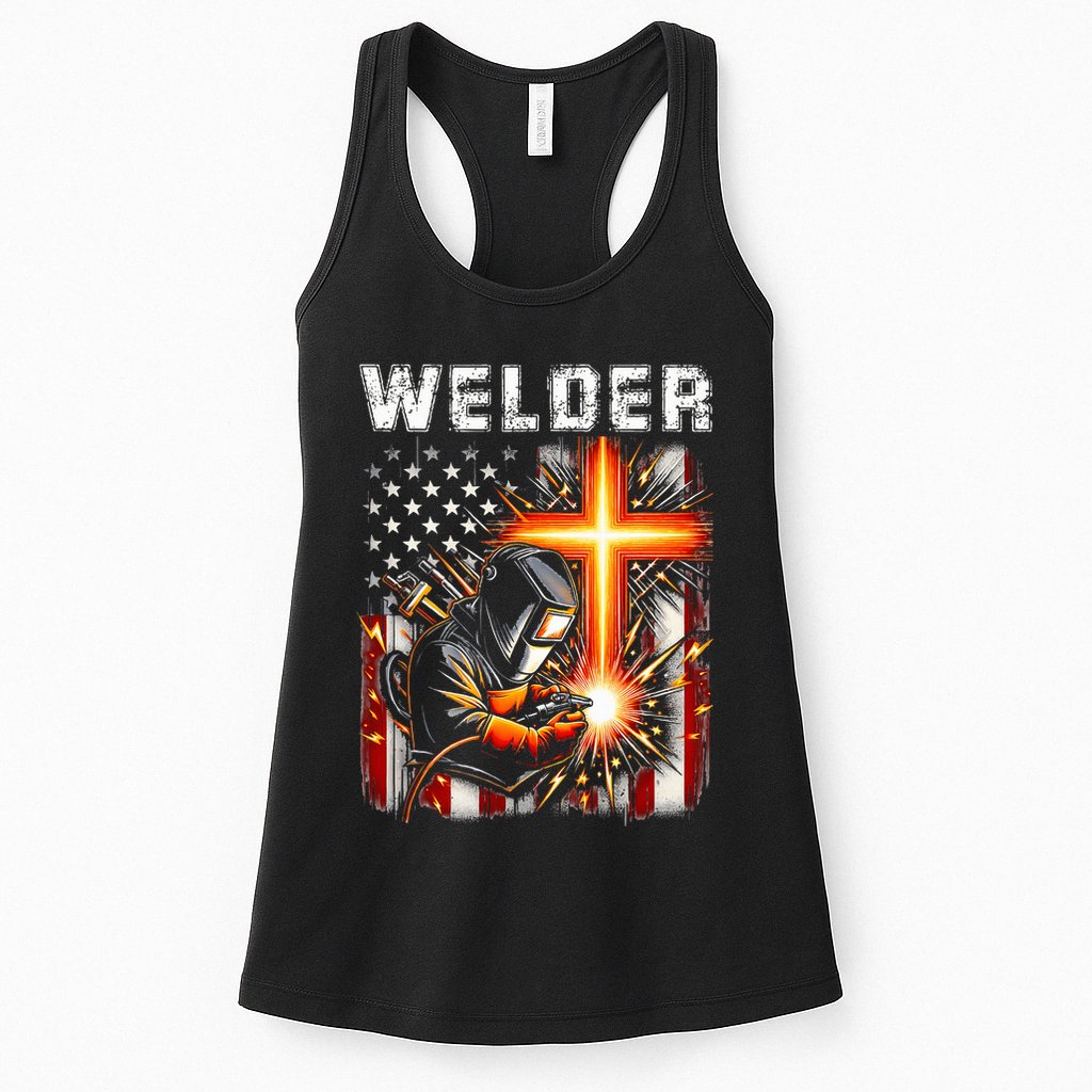 Welder American Flag Welding Faith Cross Christian Religious Womens Tank Top