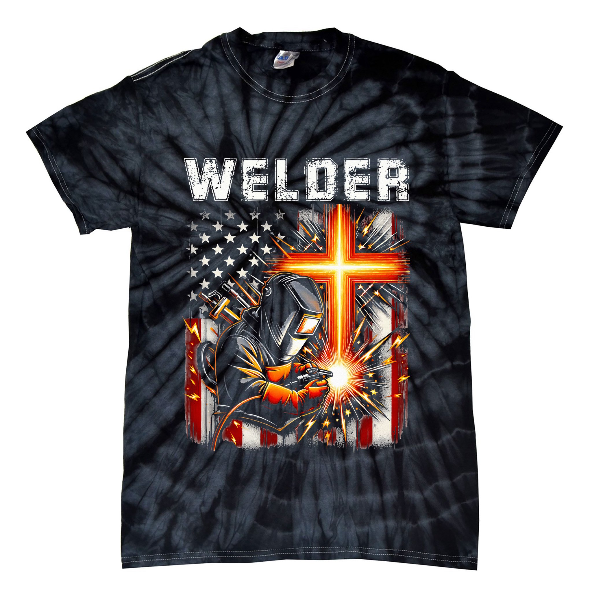 Welder American Flag Welding Faith Cross Christian Religious Tie-Dye T-Shirt