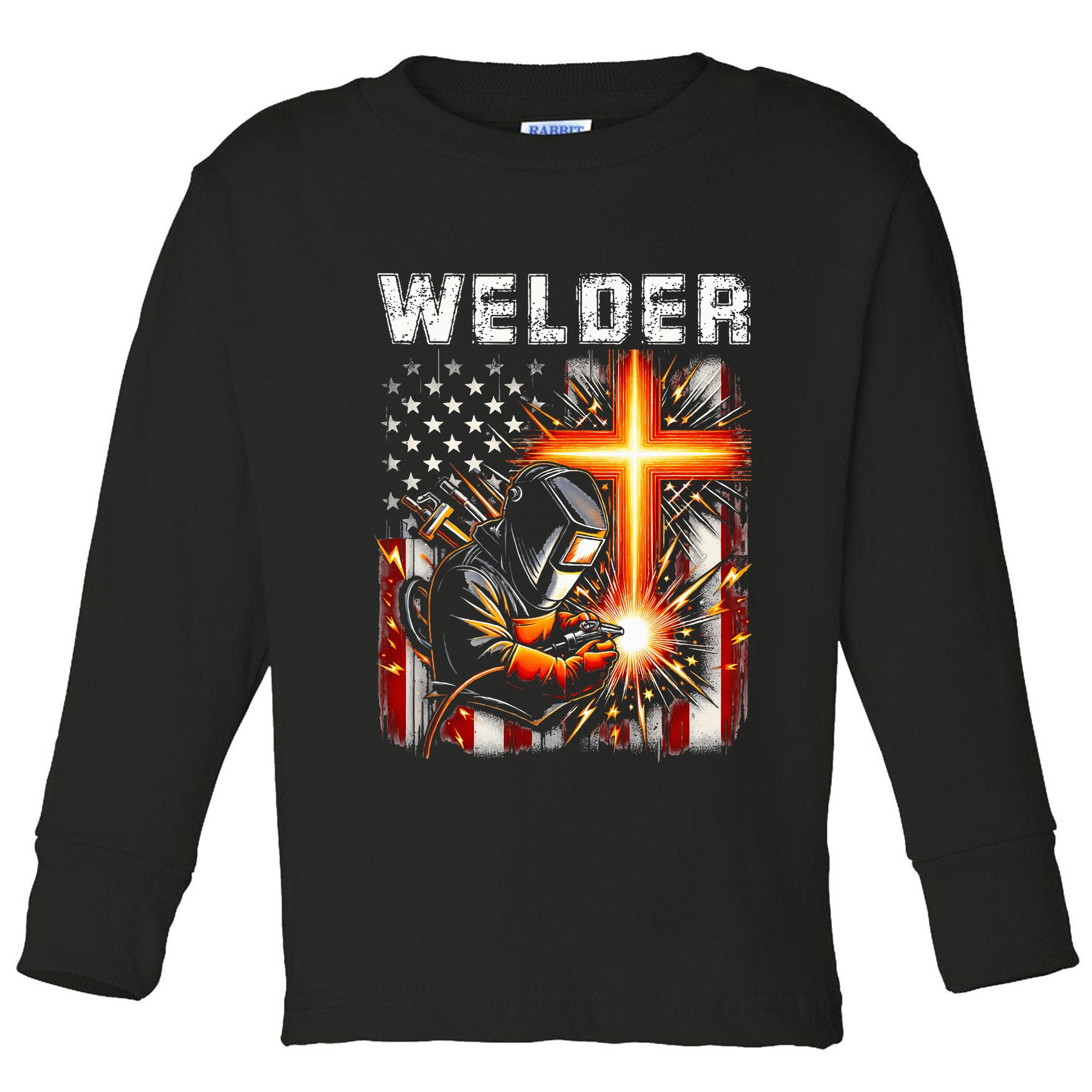 Welder American Flag Welding Faith Cross Christian Religious Toddler Long Sleeve Shirt