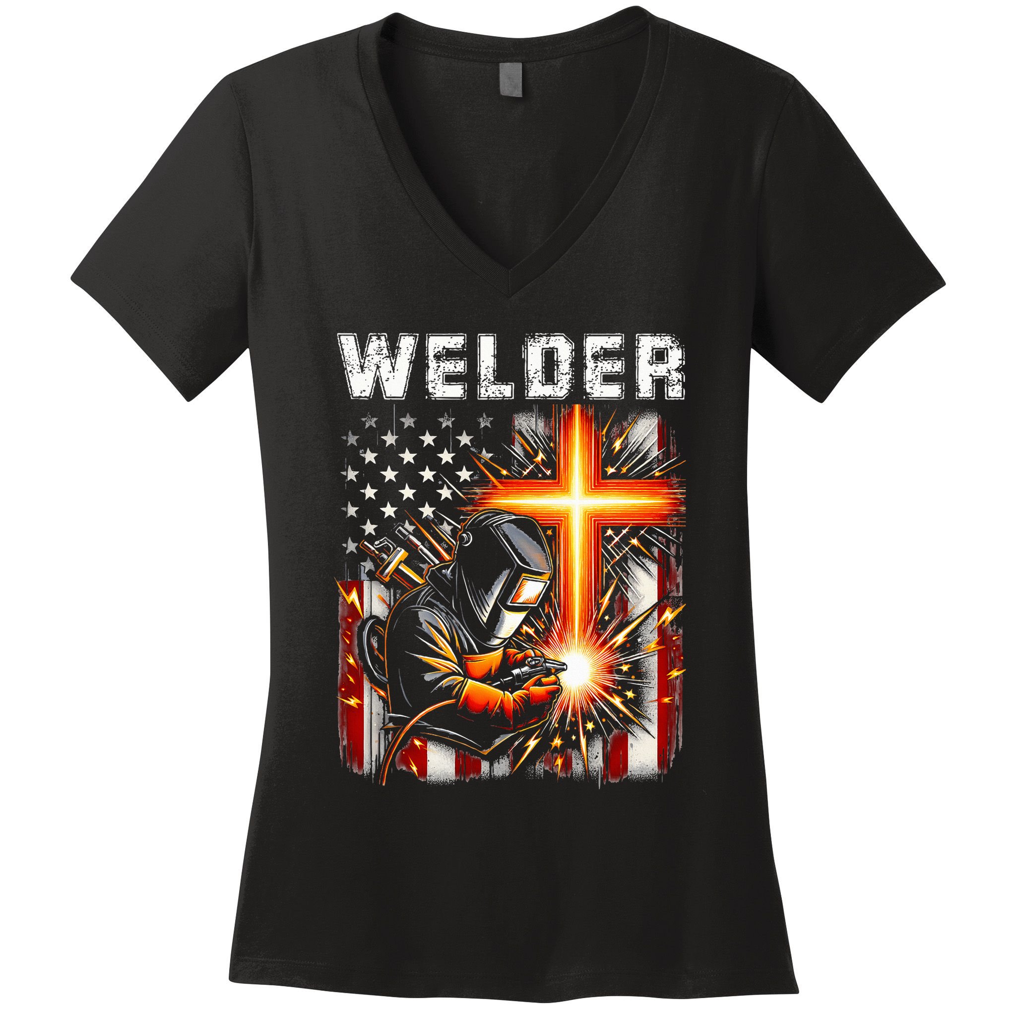 Welder American Flag Welding Faith Cross Christian Religious Women's V-Neck T-Shirt