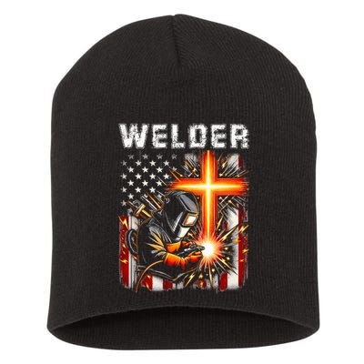 Welder American Flag Welding Faith Cross Christian Religious Short Acrylic Beanie