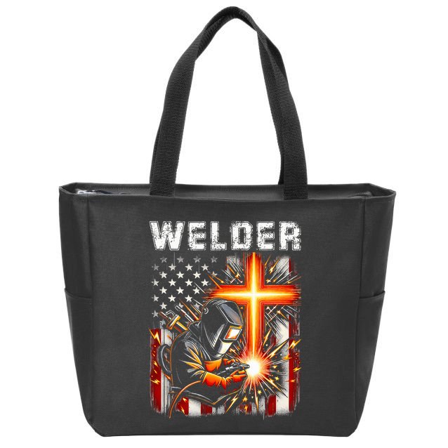 Welder American Flag Welding Faith Cross Christian Religious Zip Tote Bag