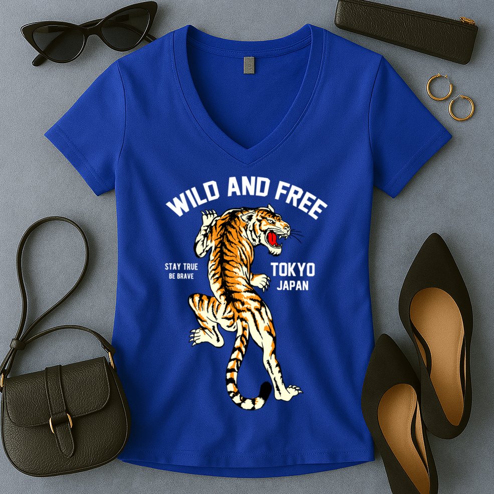 Wild And Free Enjoy Cool Brave Tokyo Japan Wild Tiger Graphic Gift Women's V-Neck T-Shirt
