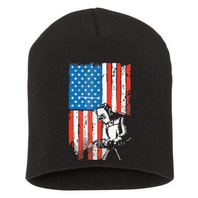 Welding American Flag Welder Fathers Day Design On Back Short Acrylic Beanie