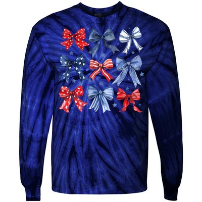 Women American Flag Coquette Bows 4th Of July Patriotic Bows Girl Gift Tie-Dye Long Sleeve Shirt