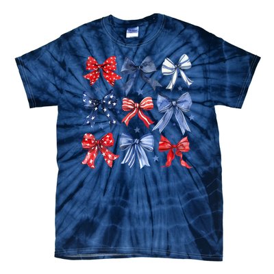 Women American Flag Coquette Bows 4th Of July Patriotic Bows Girl Gift Tie-Dye T-Shirt