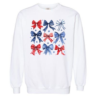 Women American Flag Coquette Bows 4th Of July Patriotic Bows Girl Gift Garment-Dyed Sweatshirt