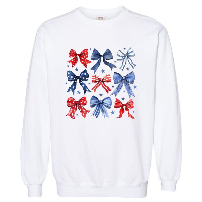 Women American Flag Coquette Bows 4th Of July Patriotic Bows Girl Gift Garment-Dyed Sweatshirt