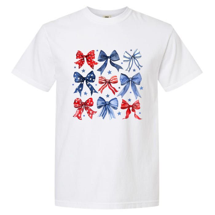 Women American Flag Coquette Bows 4th Of July Patriotic Bows Girl Gift Garment-Dyed Heavyweight T-Shirt