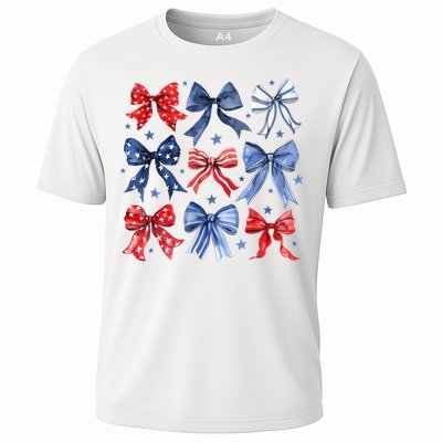 Women American Flag Coquette Bows 4th Of July Patriotic Bows Girl Gift Cooling Performance Crew T-Shirt