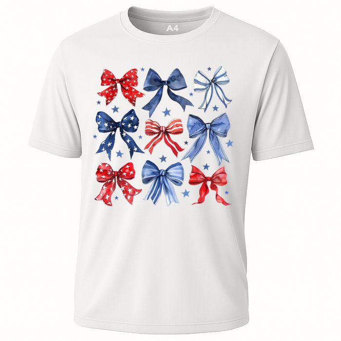 Women American Flag Coquette Bows 4th Of July Patriotic Bows Girl Gift Cooling Performance Crew T-Shirt