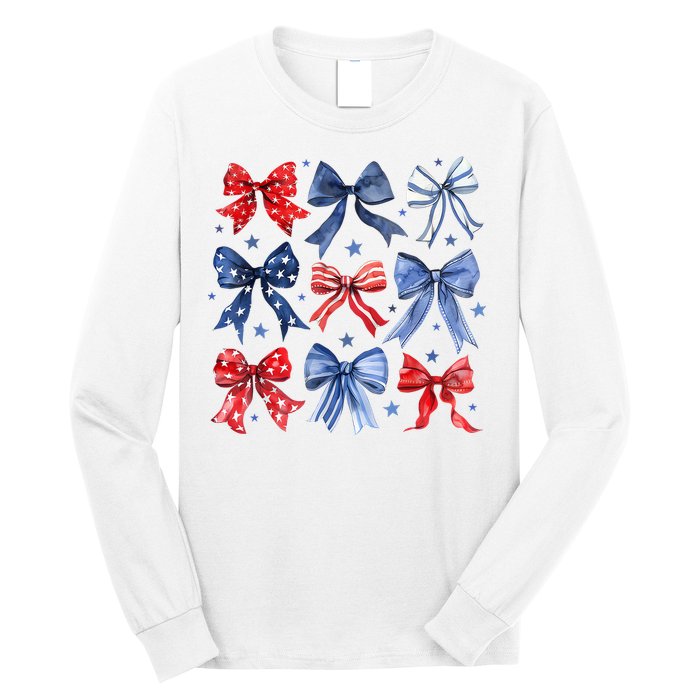 Women American Flag Coquette Bows 4th Of July Patriotic Bows Girl Gift Long Sleeve Shirt