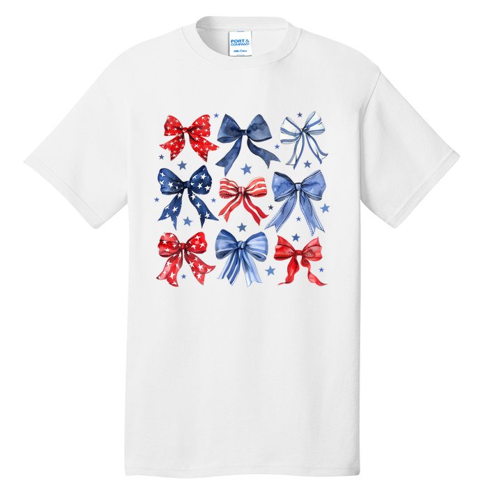 Women American Flag Coquette Bows 4th Of July Patriotic Bows Girl Gift Tall T-Shirt