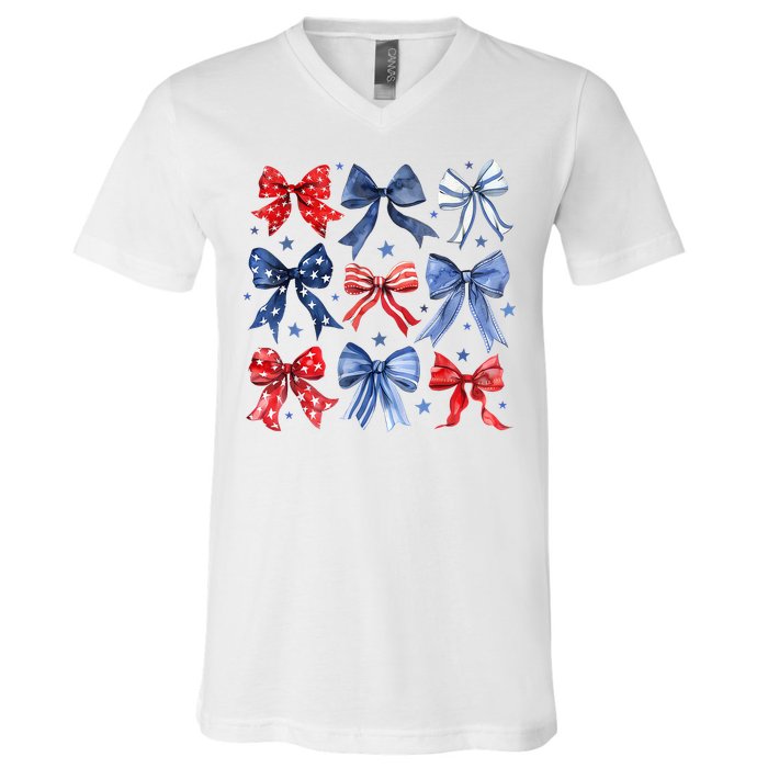 Women American Flag Coquette Bows 4th Of July Patriotic Bows Girl Gift V-Neck T-Shirt