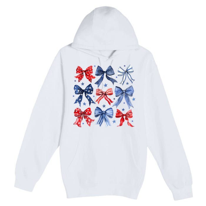 Women American Flag Coquette Bows 4th Of July Patriotic Bows Girl Gift Premium Pullover Hoodie