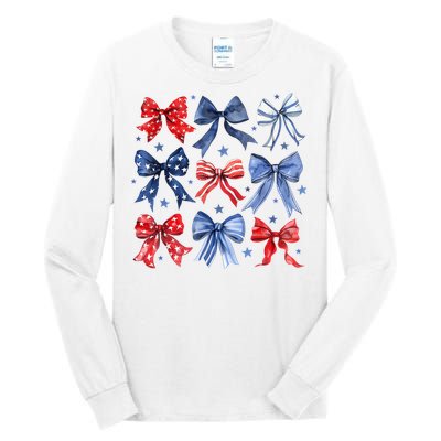 Women American Flag Coquette Bows 4th Of July Patriotic Bows Girl Gift Tall Long Sleeve T-Shirt