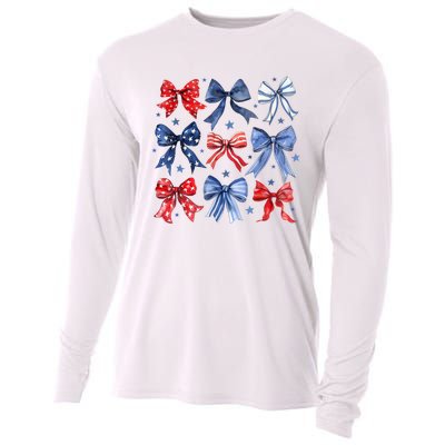 Women American Flag Coquette Bows 4th Of July Patriotic Bows Girl Gift Cooling Performance Long Sleeve Crew