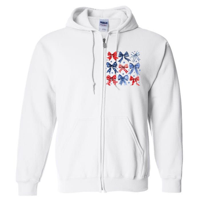 Women American Flag Coquette Bows 4th Of July Patriotic Bows Girl Gift Full Zip Hoodie