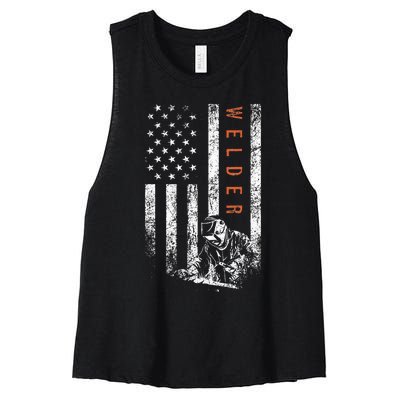 Welder American Flag Design Welding Women's Racerback Cropped Tank