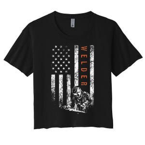 Welder American Flag Design Welding Women's Crop Top Tee