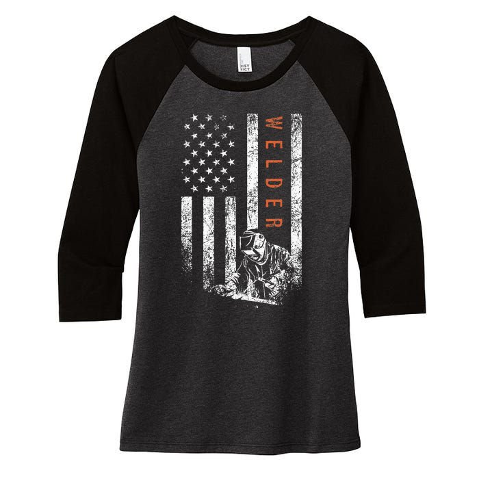 Welder American Flag Design Welding Women's Tri-Blend 3/4-Sleeve Raglan Shirt