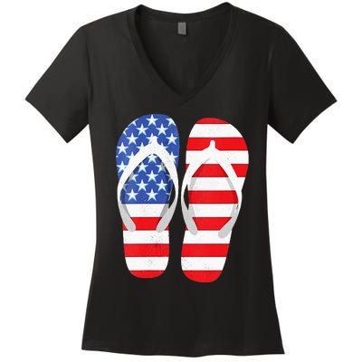 Womens American Flag Flip Flops Comfortable Slippers Flip Flops Women's V-Neck T-Shirt