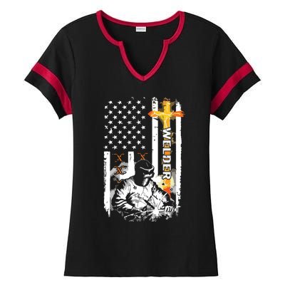 Welder American Flag Welding Fusing Material Funny Technical Ladies Halftime Notch Neck Tee