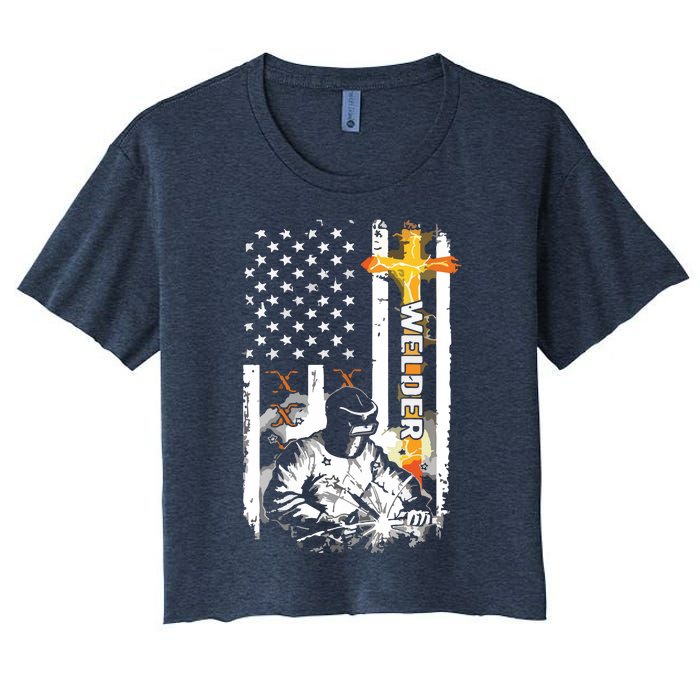 Welder American Flag Welding Fusing Material Funny Technical Women's Crop Top Tee