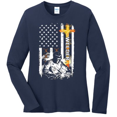 Welder American Flag Welding Fusing Material Funny Technical Ladies Long Sleeve Shirt