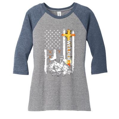 Welder American Flag Welding Fusing Material Funny Technical Women's Tri-Blend 3/4-Sleeve Raglan Shirt